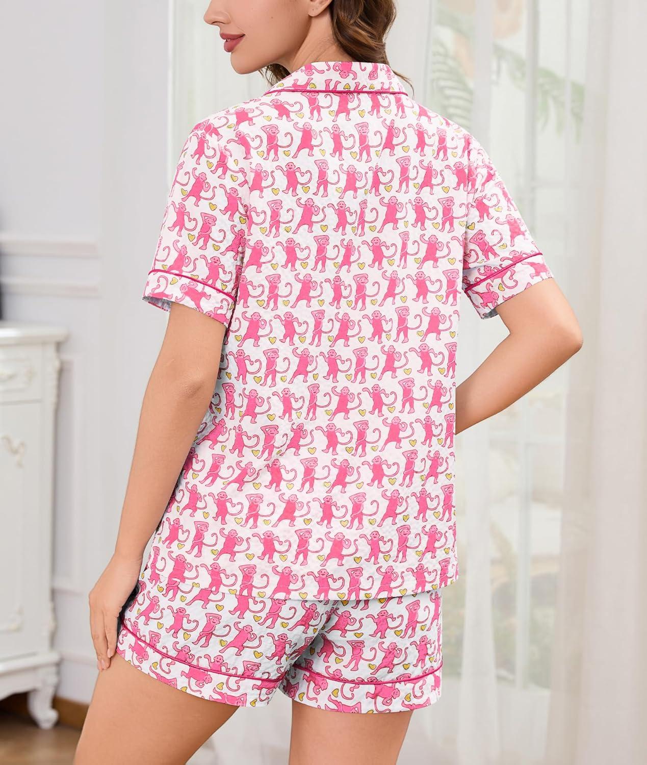 imageSWOMOG Women 2 Piece Pajamas Sets Short Sleeve Pj Sets Cute Printed Sleepwear Button Down Shirt with Lounge Shorts SetPink Monkey