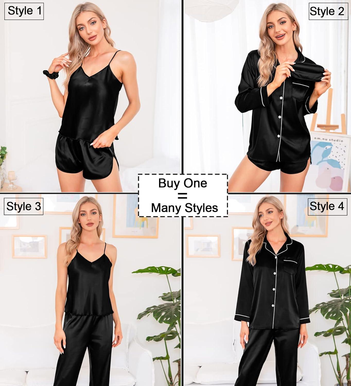 imageSWOMOG Women Satin Pajamas 4pcs Pajama Set Sexy Cami Shorts Set and Button Down Long Sleeve Pjs Loungewear SleepwearBlack