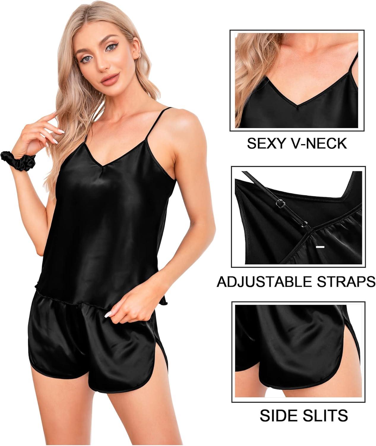 imageSWOMOG Women Satin Pajamas 4pcs Pajama Set Sexy Cami Shorts Set and Button Down Long Sleeve Pjs Loungewear SleepwearBlack