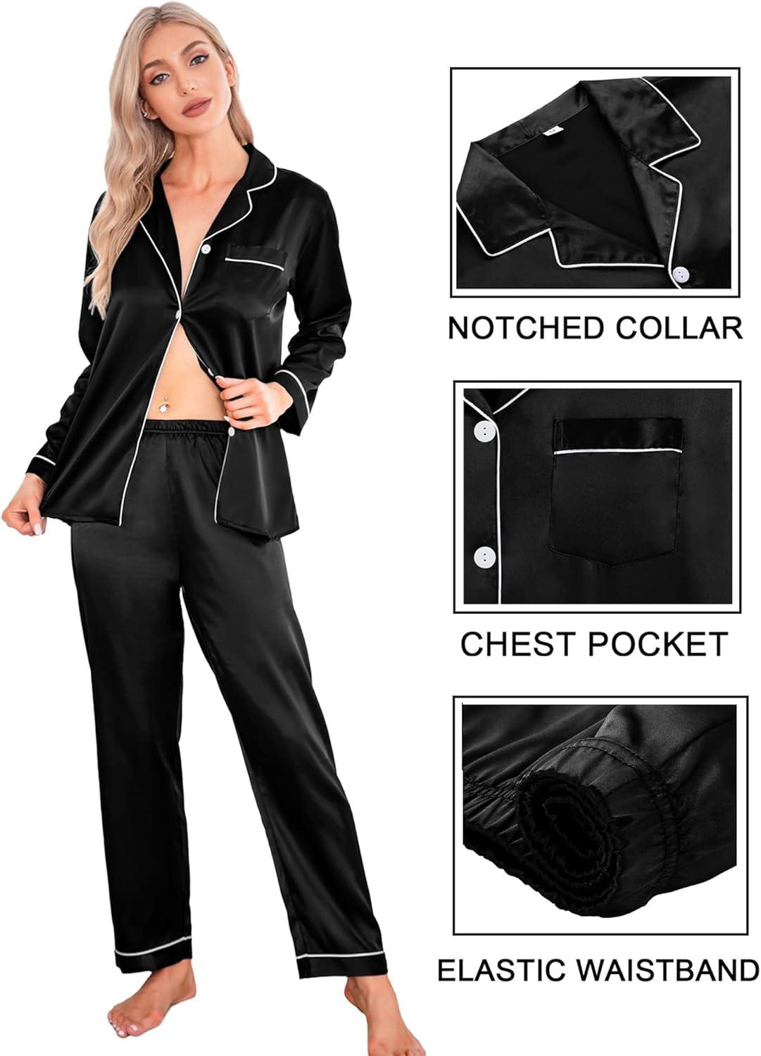 imageSWOMOG Women Satin Pajamas 4pcs Pajama Set Sexy Cami Shorts Set and Button Down Long Sleeve Pjs Loungewear SleepwearBlack