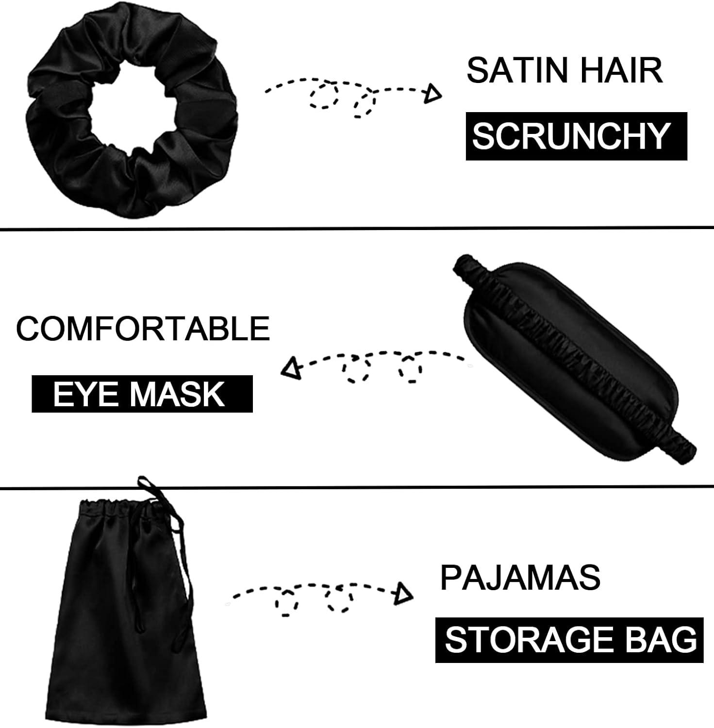 imageSWOMOG Women Satin Pajamas 4pcs Pajama Set Sexy Cami Shorts Set and Button Down Long Sleeve Pjs Loungewear SleepwearBlack