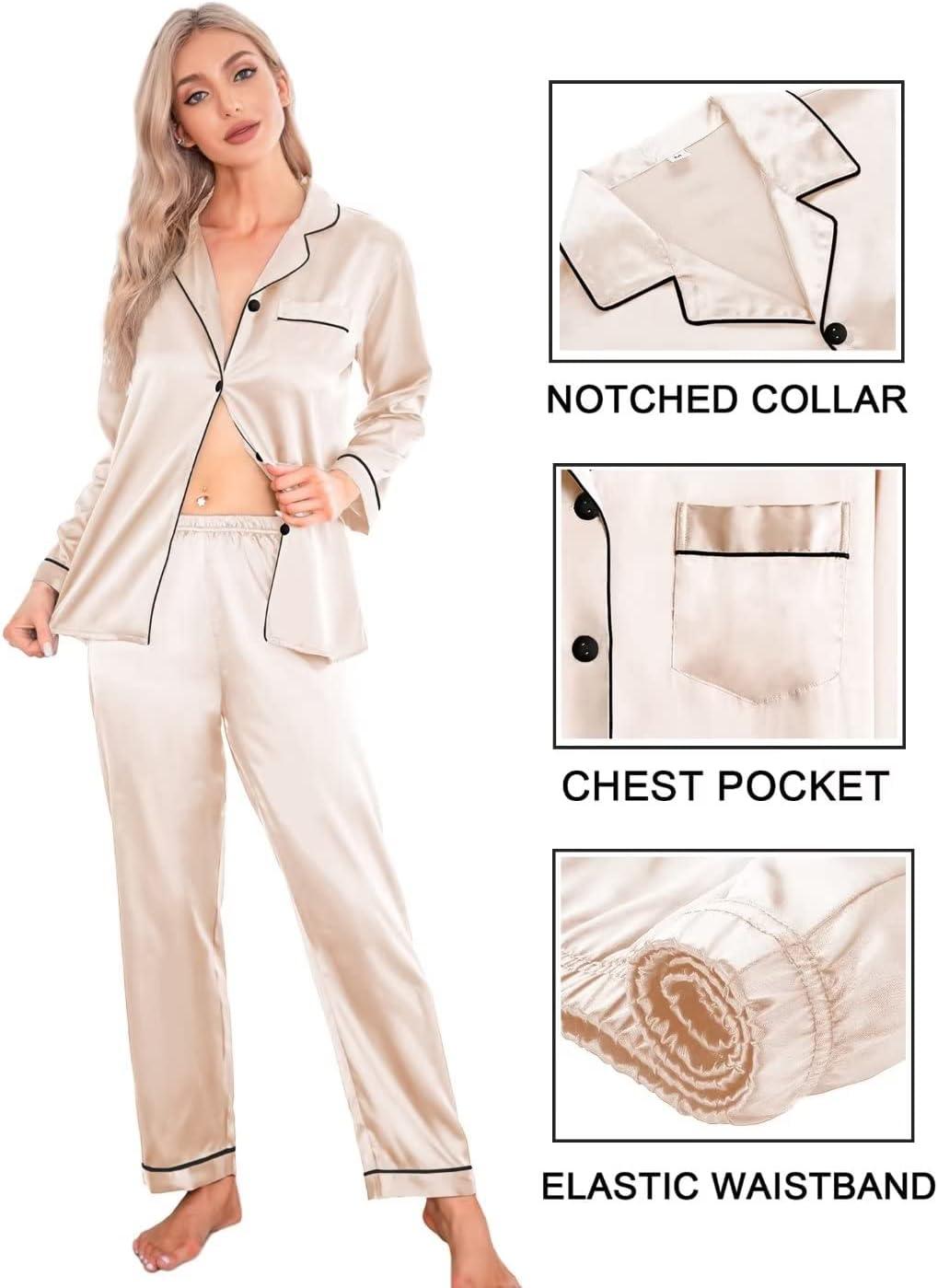 imageSWOMOG Women Satin Pajamas 4pcs Pajama Set Sexy Cami Shorts Set and Button Down Long Sleeve Pjs Loungewear SleepwearChampagne