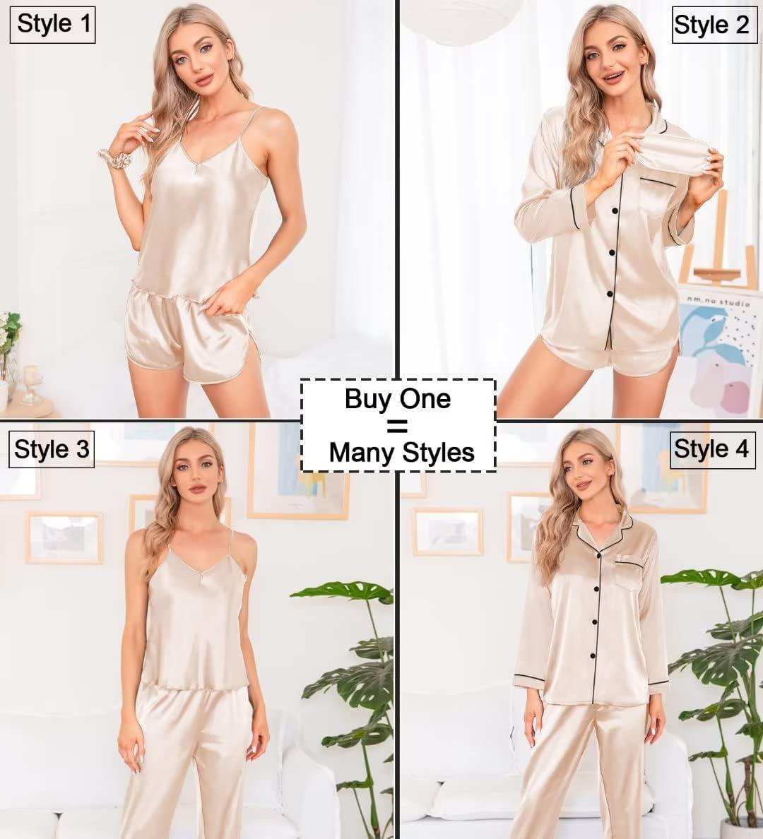 imageSWOMOG Women Satin Pajamas 4pcs Pajama Set Sexy Cami Shorts Set and Button Down Long Sleeve Pjs Loungewear SleepwearChampagne