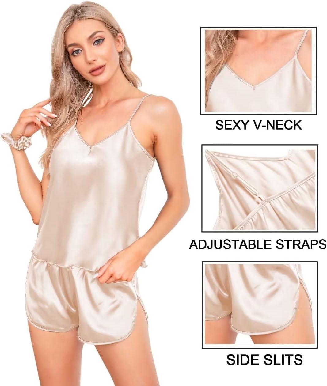 imageSWOMOG Women Satin Pajamas 4pcs Pajama Set Sexy Cami Shorts Set and Button Down Long Sleeve Pjs Loungewear SleepwearChampagne