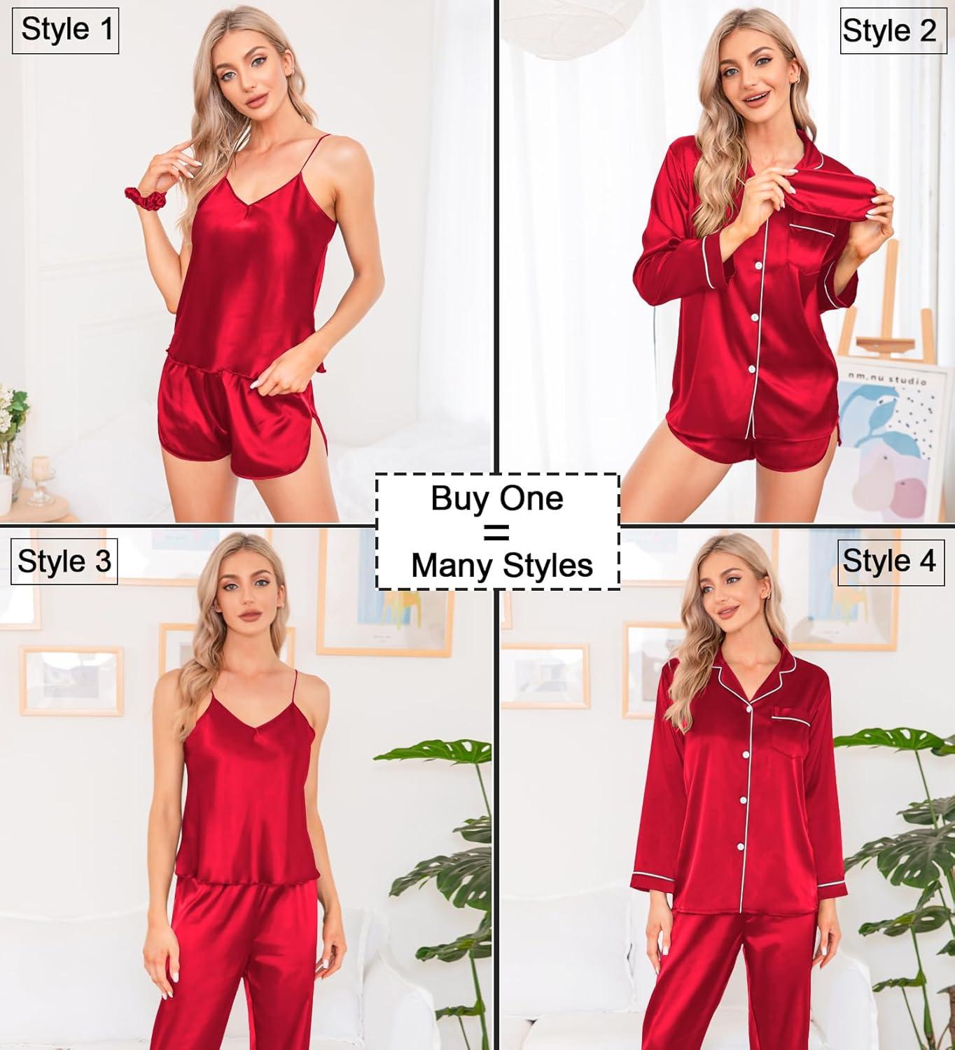 imageSWOMOG Women Satin Pajamas 4pcs Pajama Set Sexy Cami Shorts Set and Button Down Long Sleeve Pjs Loungewear SleepwearChristmas Red