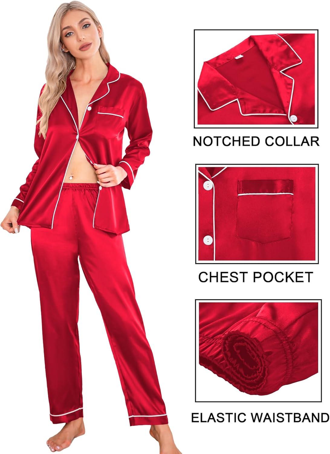 imageSWOMOG Women Satin Pajamas 4pcs Pajama Set Sexy Cami Shorts Set and Button Down Long Sleeve Pjs Loungewear SleepwearChristmas Red