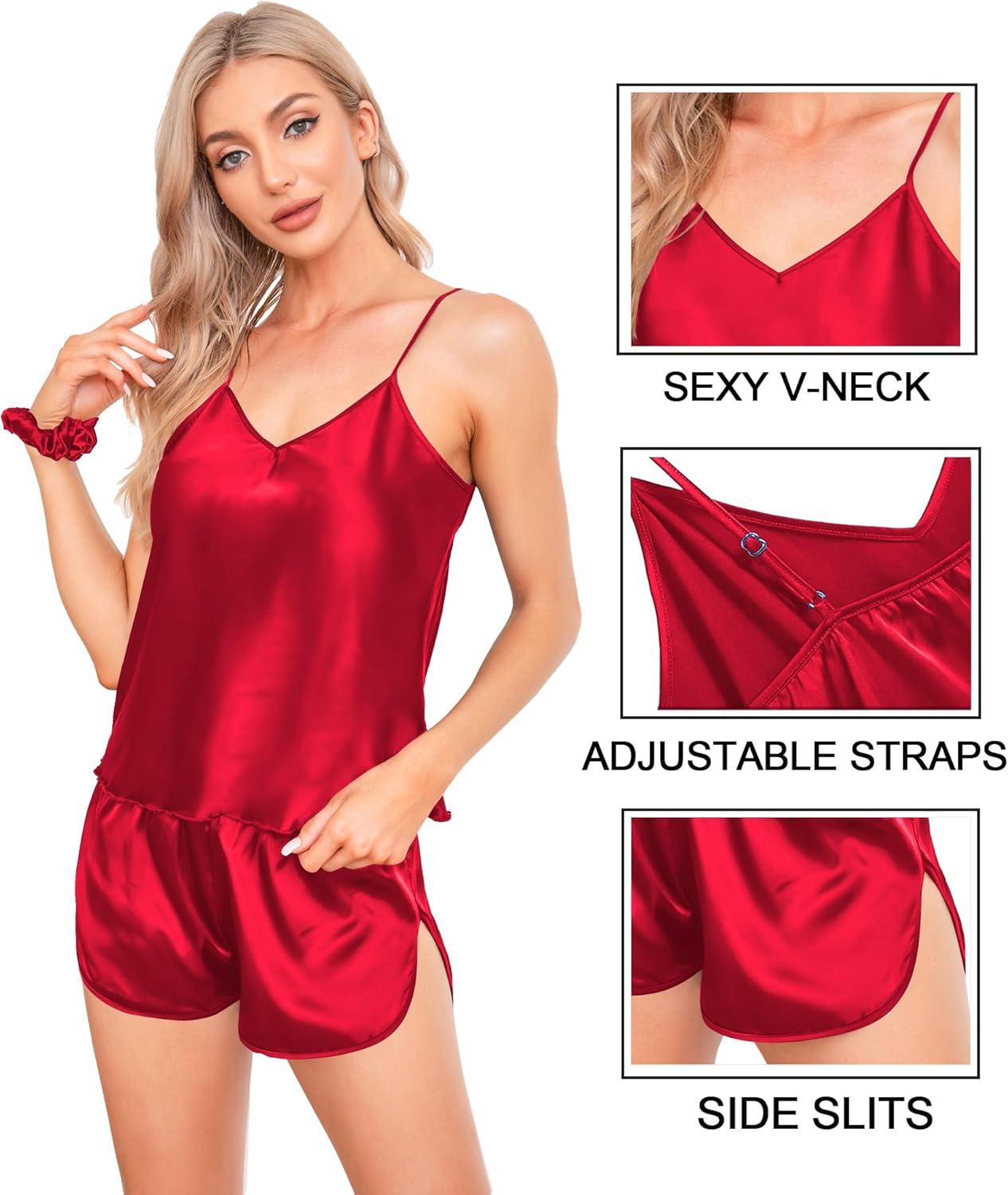 imageSWOMOG Women Satin Pajamas 4pcs Pajama Set Sexy Cami Shorts Set and Button Down Long Sleeve Pjs Loungewear SleepwearChristmas Red