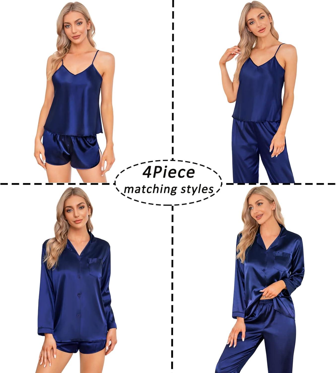 imageSWOMOG Women Satin Pajamas 4pcs Pajama Set Sexy Cami Shorts Set and Button Down Long Sleeve Pjs Loungewear SleepwearNavy Blue