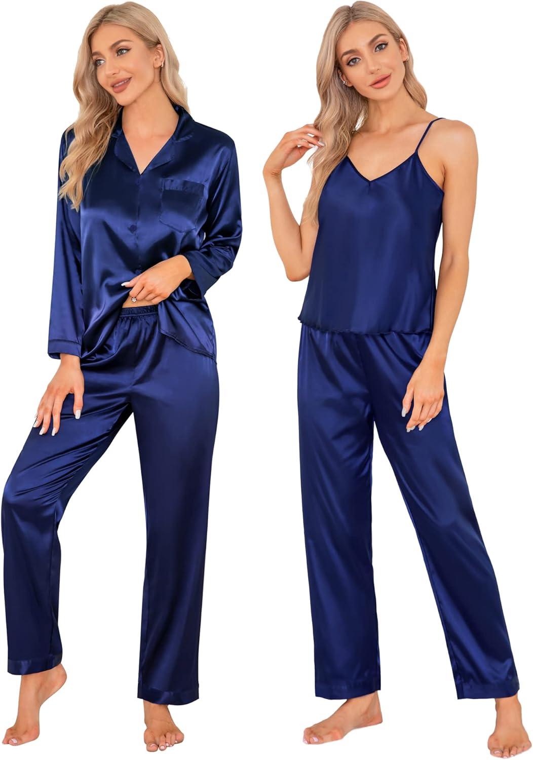 imageSWOMOG Women Satin Pajamas 4pcs Pajama Set Sexy Cami Shorts Set and Button Down Long Sleeve Pjs Loungewear SleepwearNavy Blue