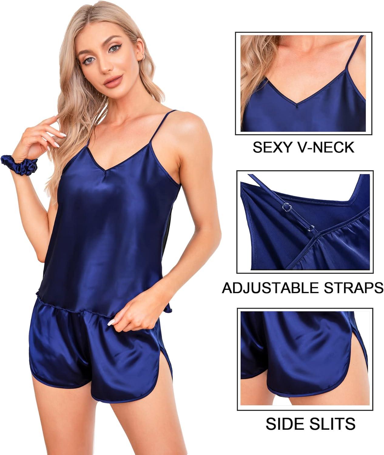 imageSWOMOG Women Satin Pajamas 4pcs Pajama Set Sexy Cami Shorts Set and Button Down Long Sleeve Pjs Loungewear SleepwearNavy Blue