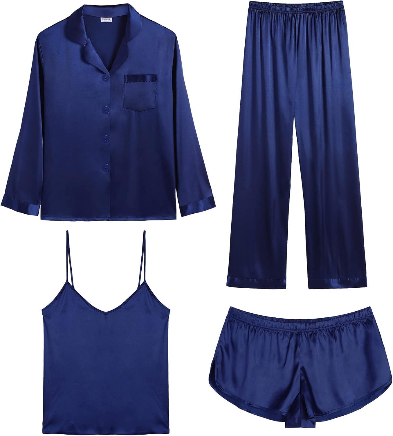 imageSWOMOG Women Satin Pajamas 4pcs Pajama Set Sexy Cami Shorts Set and Button Down Long Sleeve Pjs Loungewear SleepwearNavy Blue