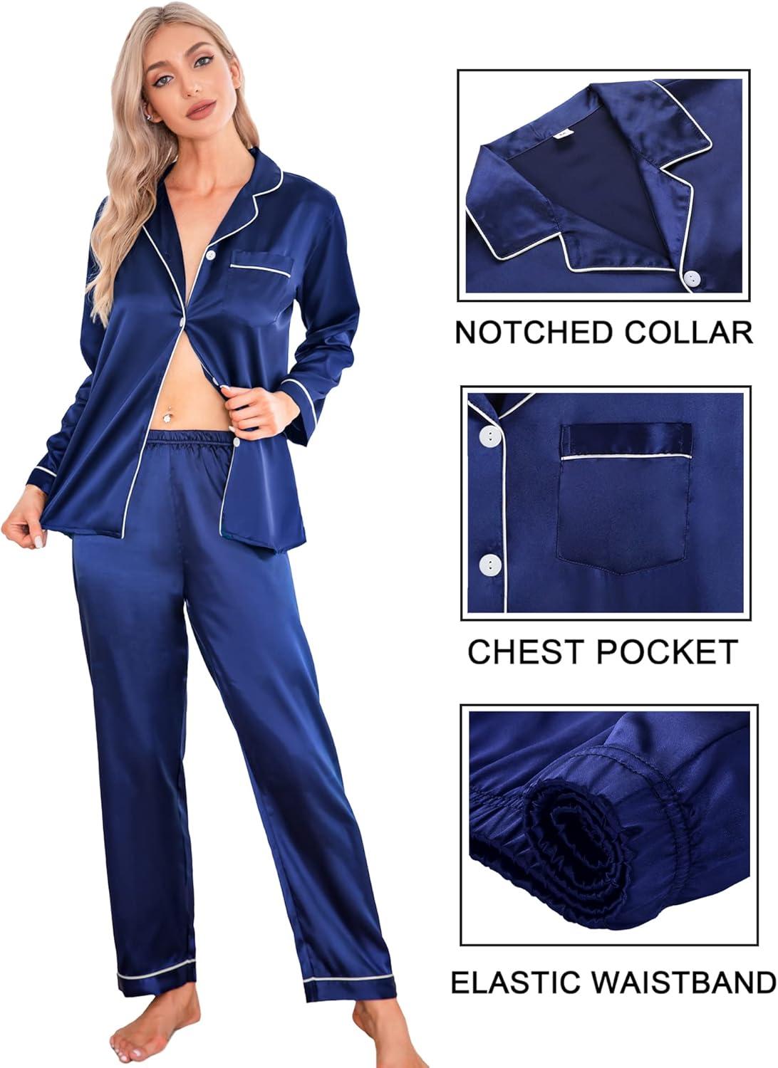 imageSWOMOG Women Satin Pajamas 4pcs Pajama Set Sexy Cami Shorts Set and Button Down Long Sleeve Pjs Loungewear SleepwearNavy Blue