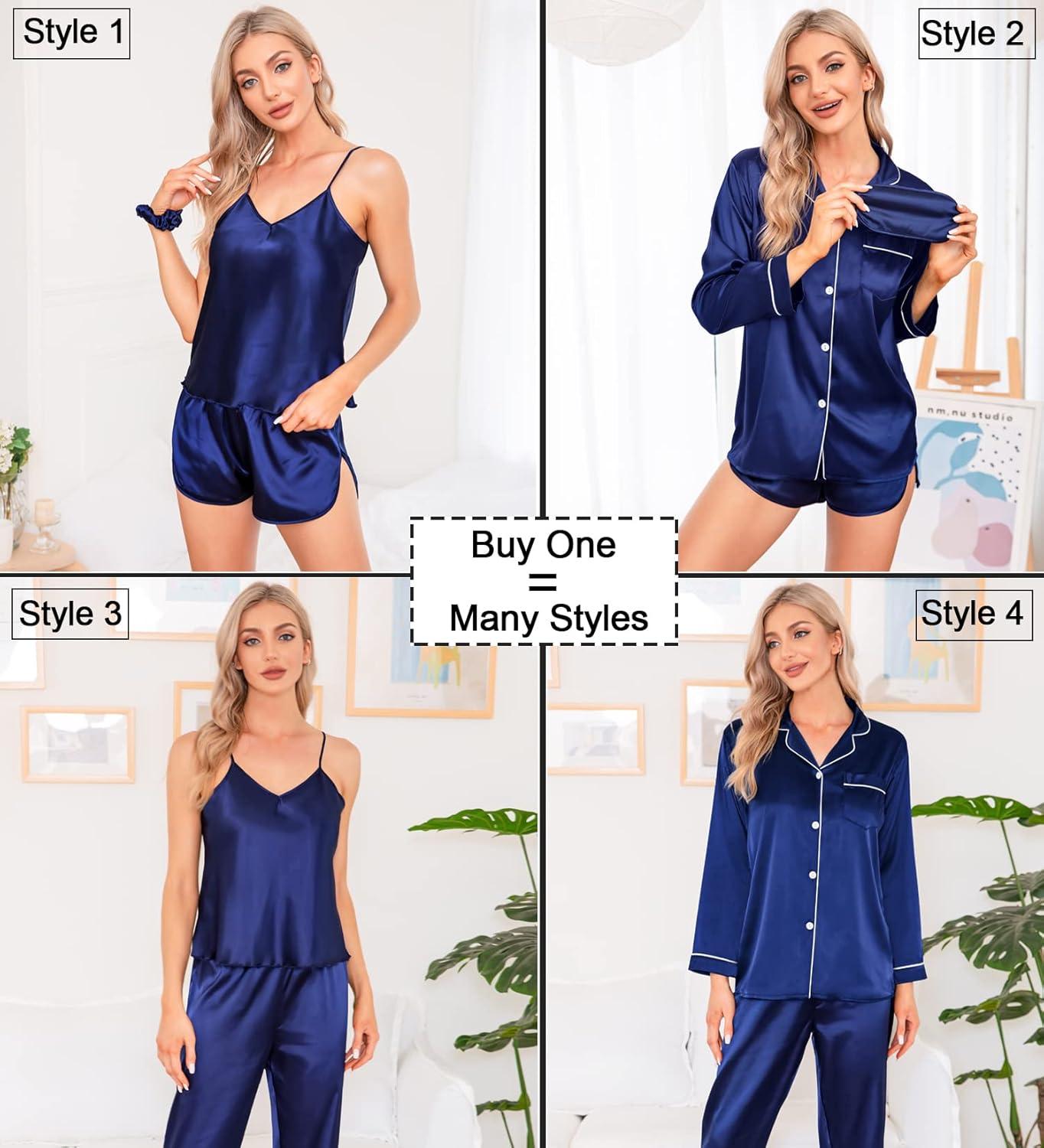 imageSWOMOG Women Satin Pajamas 4pcs Pajama Set Sexy Cami Shorts Set and Button Down Long Sleeve Pjs Loungewear SleepwearNavy Blue