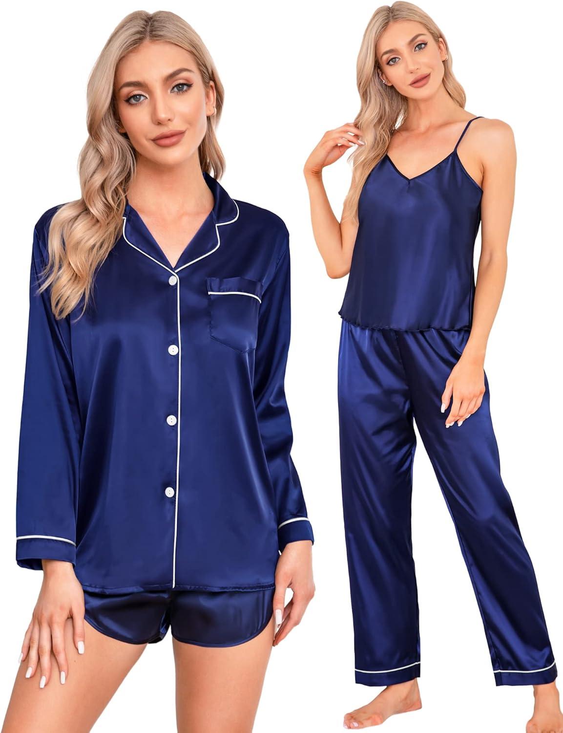 imageSWOMOG Women Satin Pajamas 4pcs Pajama Set Sexy Cami Shorts Set and Button Down Long Sleeve Pjs Loungewear SleepwearNavy Blue