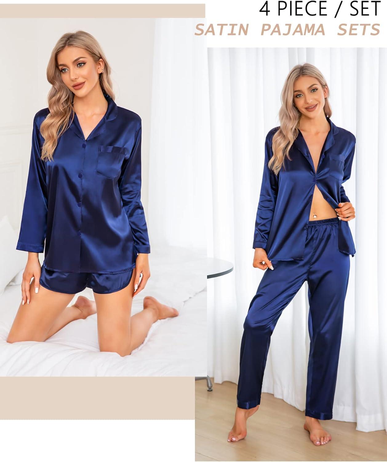imageSWOMOG Women Satin Pajamas 4pcs Pajama Set Sexy Cami Shorts Set and Button Down Long Sleeve Pjs Loungewear SleepwearNavy Blue