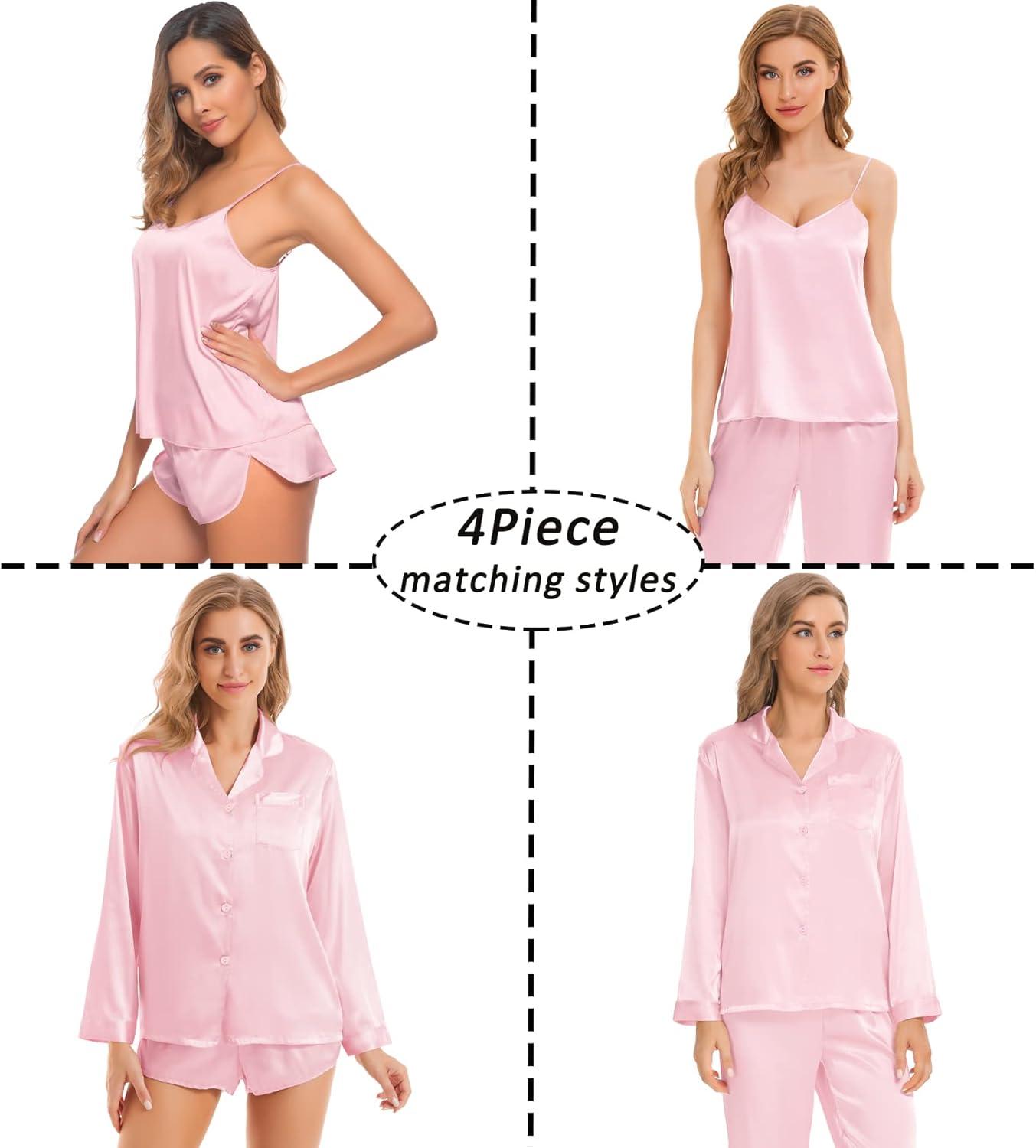 imageSWOMOG Women Satin Pajamas 4pcs Pajama Set Sexy Cami Shorts Set and Button Down Long Sleeve Pjs Loungewear SleepwearPink