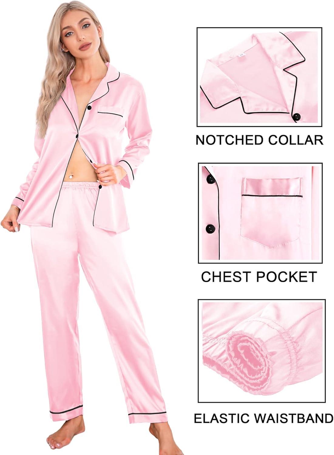 imageSWOMOG Women Satin Pajamas 4pcs Pajama Set Sexy Cami Shorts Set and Button Down Long Sleeve Pjs Loungewear SleepwearPink