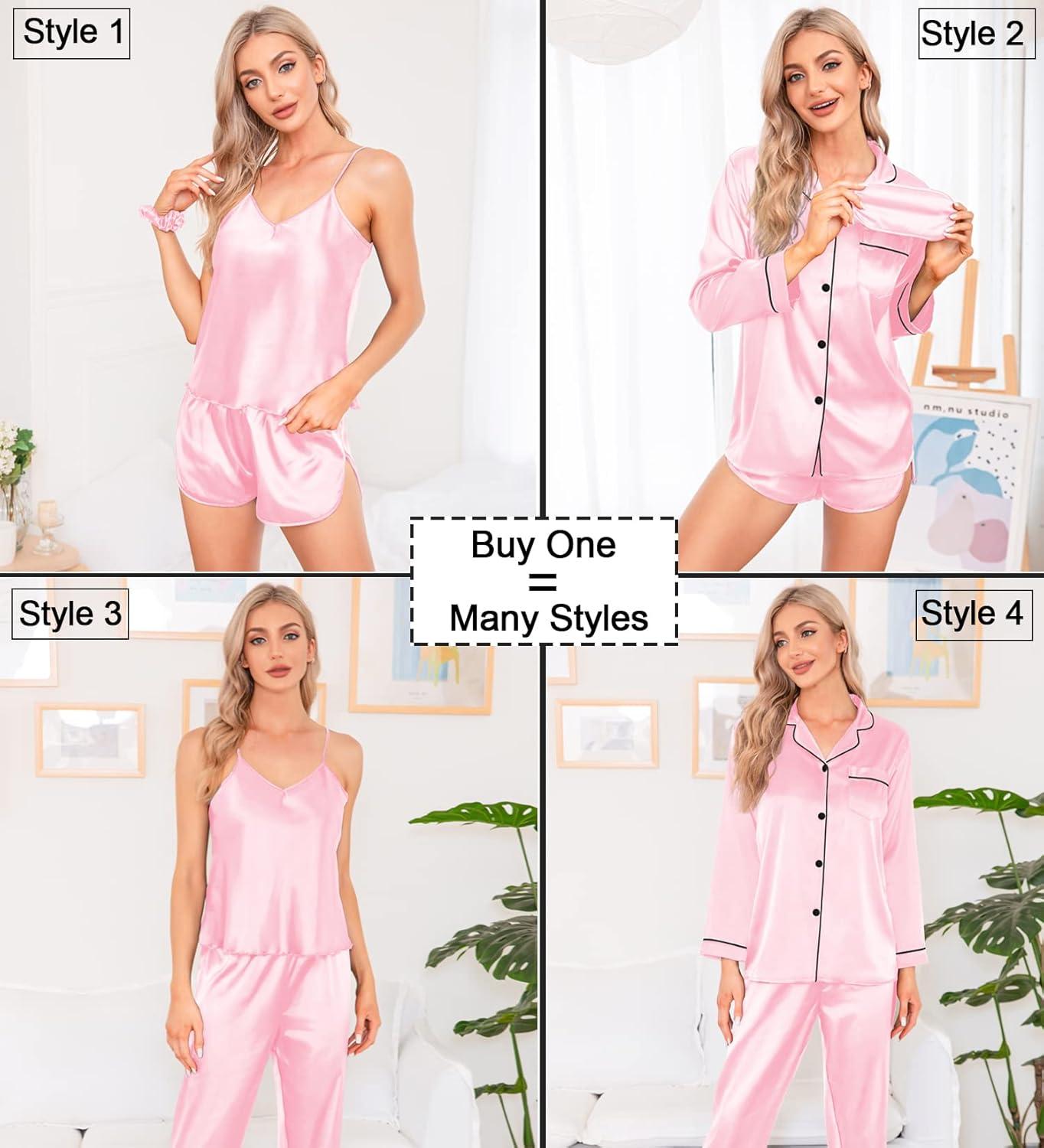 imageSWOMOG Women Satin Pajamas 4pcs Pajama Set Sexy Cami Shorts Set and Button Down Long Sleeve Pjs Loungewear SleepwearPink