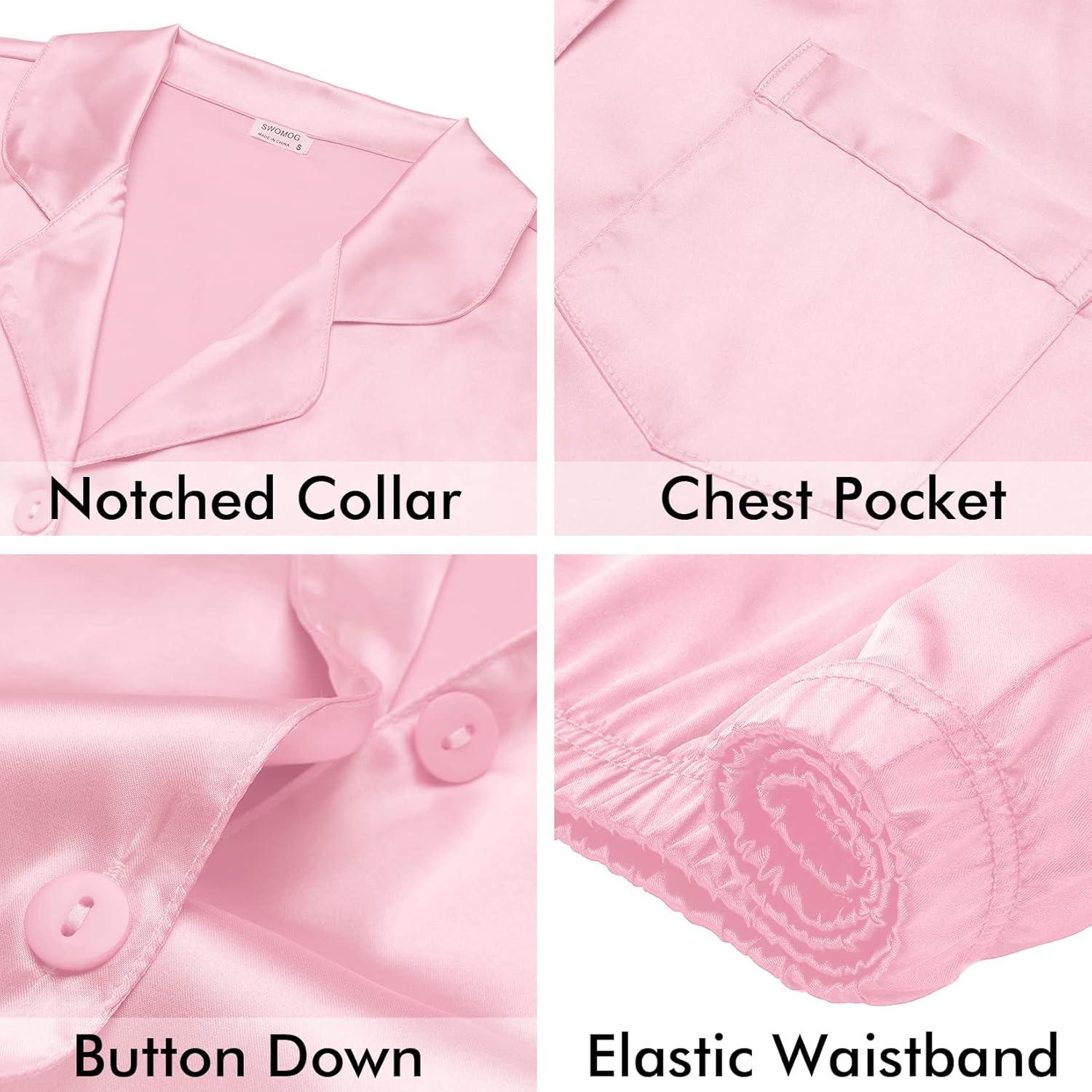 imageSWOMOG Women Satin Pajamas 4pcs Pajama Set Sexy Cami Shorts Set and Button Down Long Sleeve Pjs Loungewear SleepwearPink