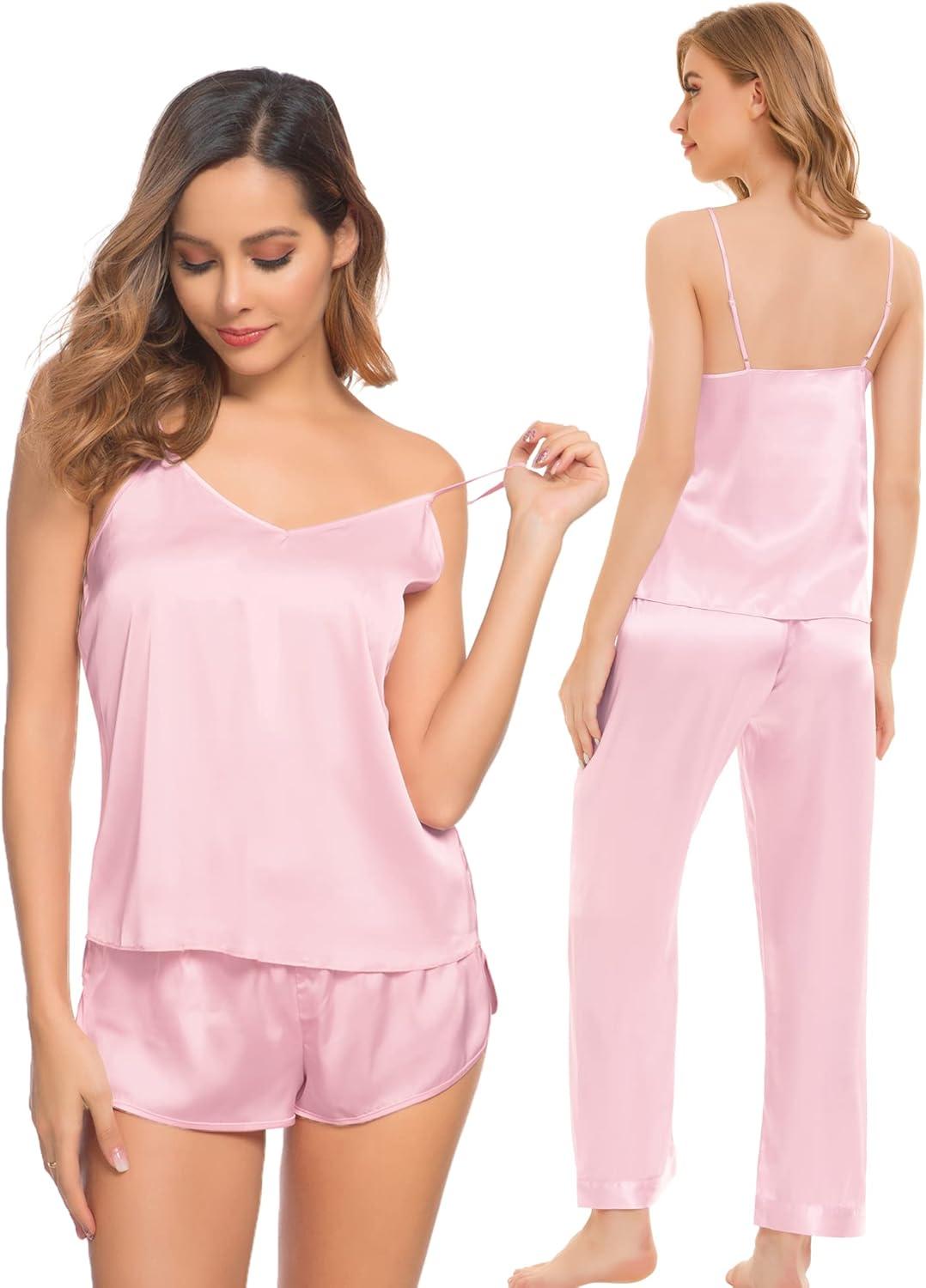 imageSWOMOG Women Satin Pajamas 4pcs Pajama Set Sexy Cami Shorts Set and Button Down Long Sleeve Pjs Loungewear SleepwearPink