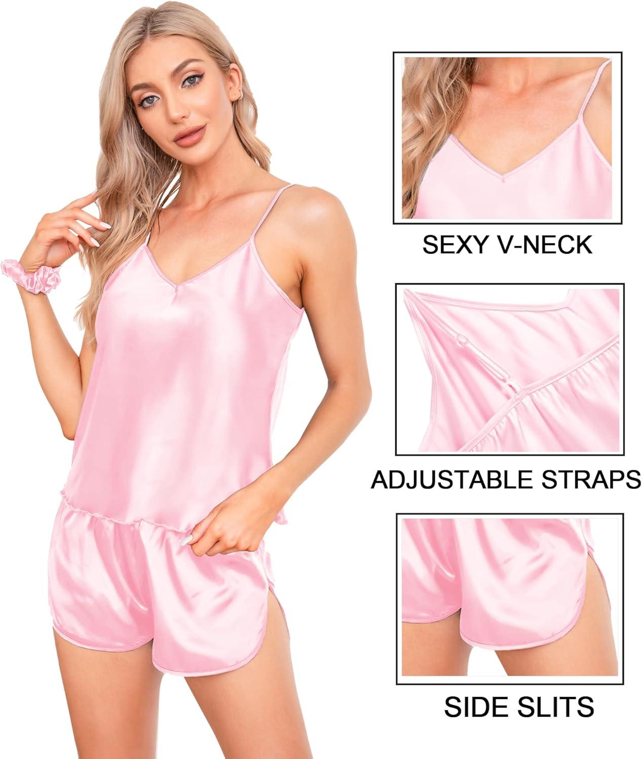 imageSWOMOG Women Satin Pajamas 4pcs Pajama Set Sexy Cami Shorts Set and Button Down Long Sleeve Pjs Loungewear SleepwearPink