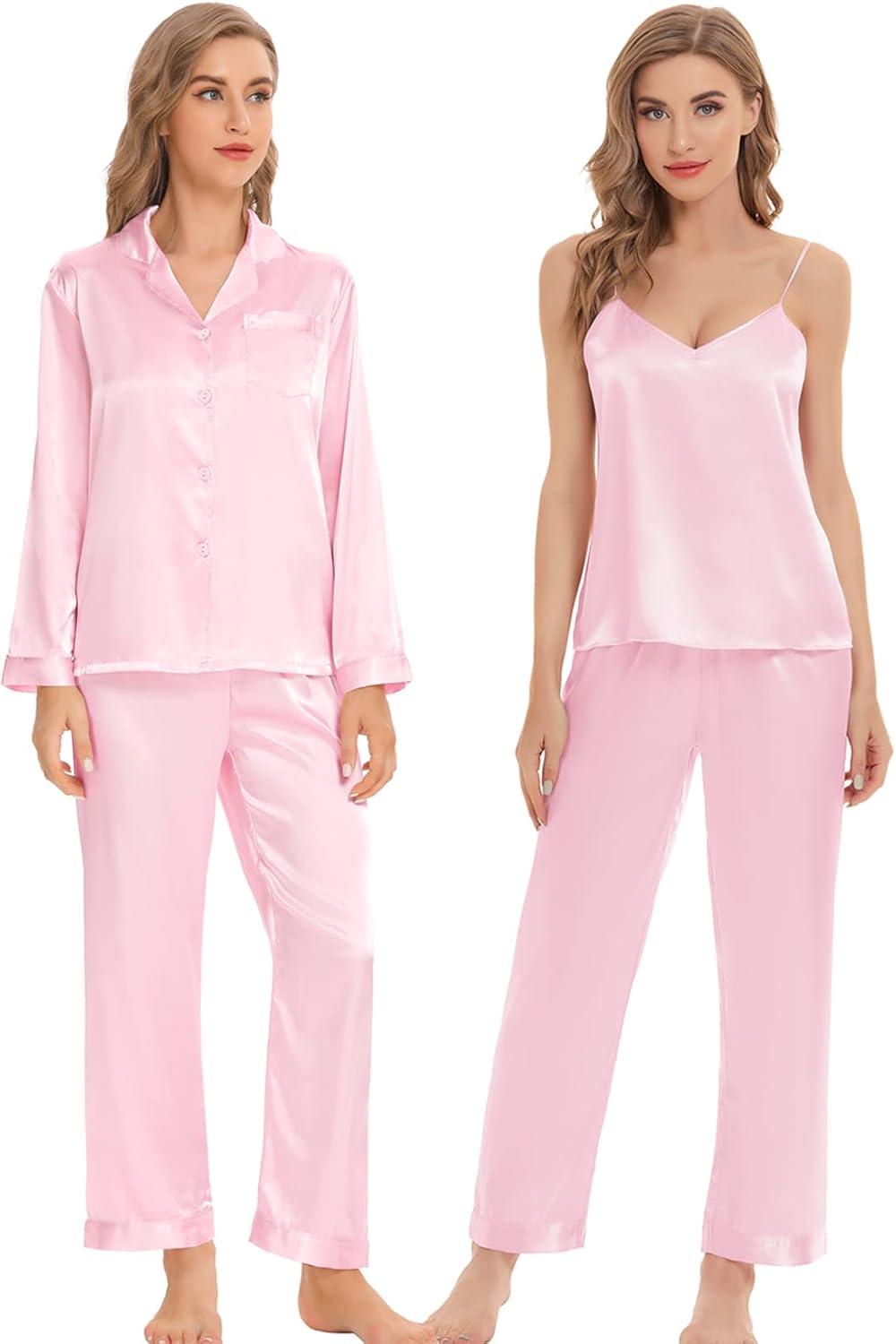 imageSWOMOG Women Satin Pajamas 4pcs Pajama Set Sexy Cami Shorts Set and Button Down Long Sleeve Pjs Loungewear SleepwearPink