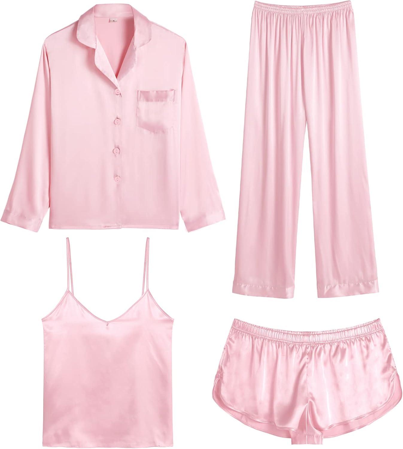 imageSWOMOG Women Satin Pajamas 4pcs Pajama Set Sexy Cami Shorts Set and Button Down Long Sleeve Pjs Loungewear SleepwearPink