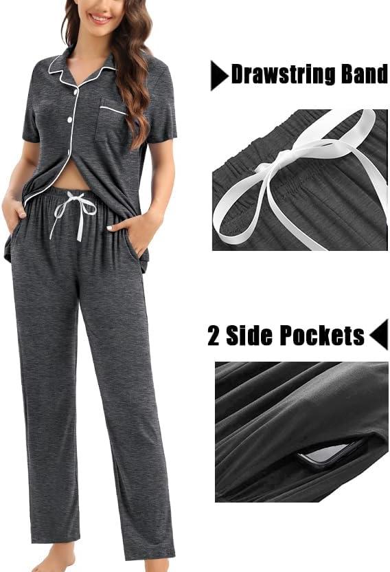 imageSWOMOG Womens 3pcs Button Down Pajamas Set Short Sleeve Sleepwear Bride Pj Lounge Set with Long PantsDeep Grey