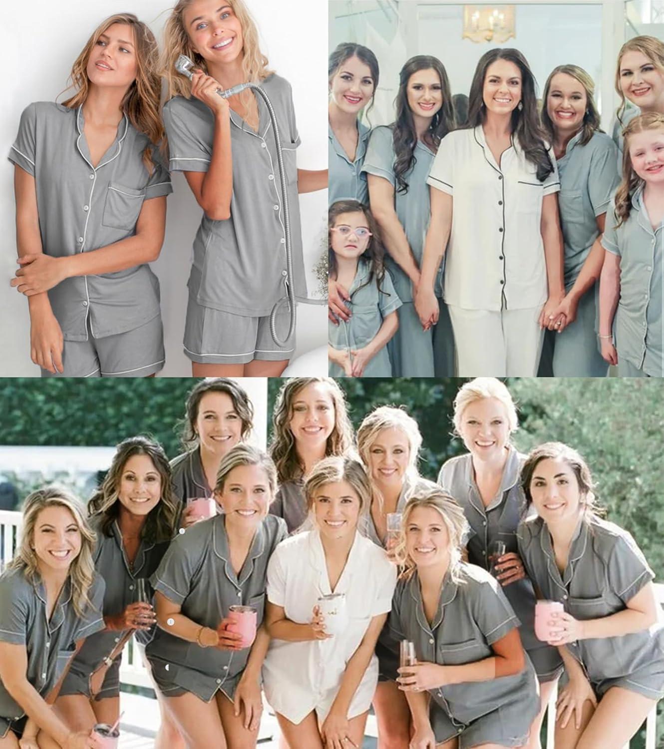 imageSWOMOG Womens 3pcs Button Down Pajamas Set Short Sleeve Sleepwear Bride Pj Lounge Set with Long PantsDeep Grey