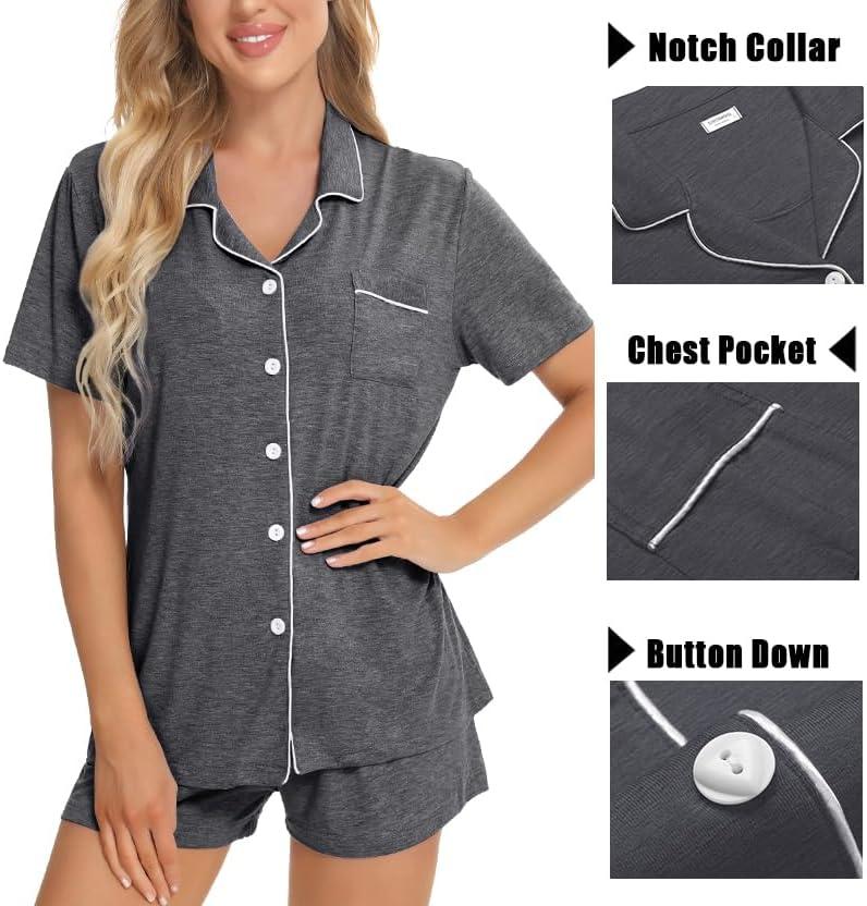 imageSWOMOG Womens 3pcs Button Down Pajamas Set Short Sleeve Sleepwear Bride Pj Lounge Set with Long PantsDeep Grey