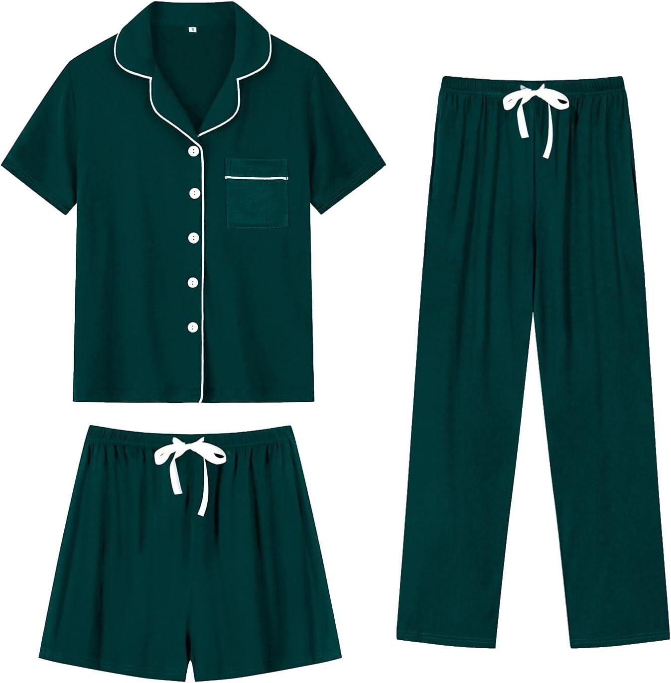 imageSWOMOG Womens 3pcs Button Down Pajamas Set Short Sleeve Sleepwear Bride Pj Lounge Set with Long PantsEmerald