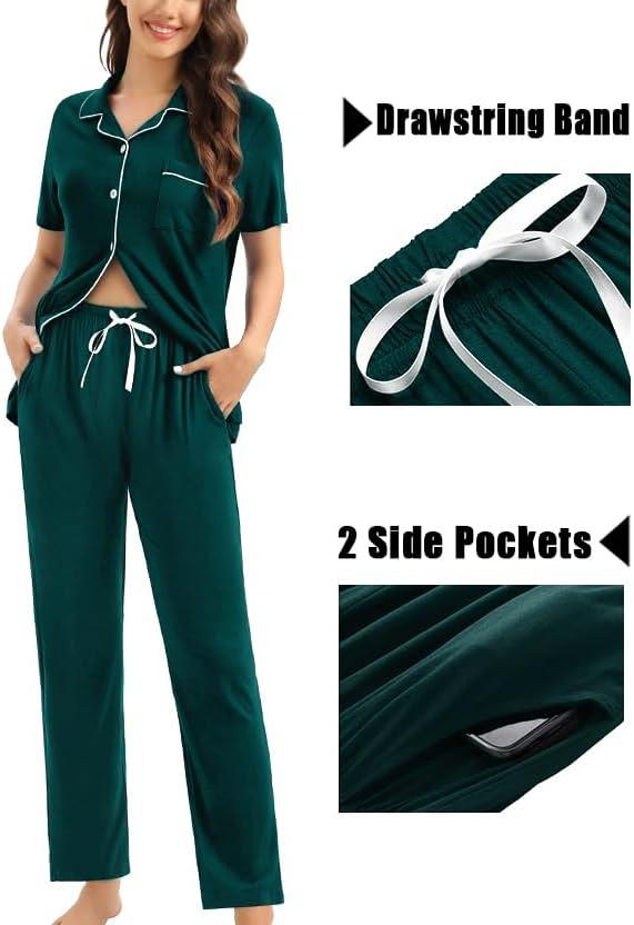imageSWOMOG Womens 3pcs Button Down Pajamas Set Short Sleeve Sleepwear Bride Pj Lounge Set with Long PantsEmerald