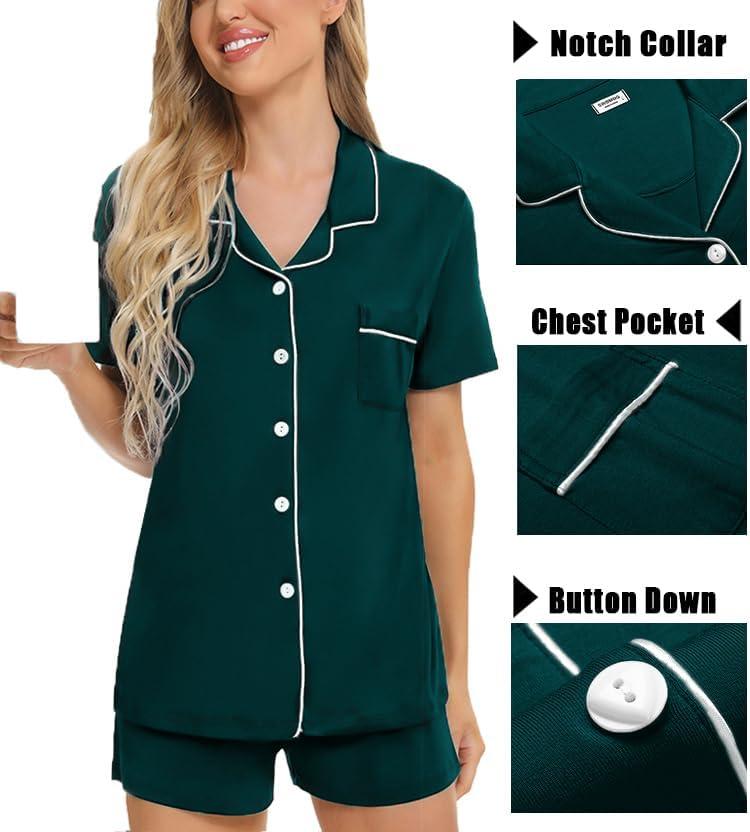 imageSWOMOG Womens 3pcs Button Down Pajamas Set Short Sleeve Sleepwear Bride Pj Lounge Set with Long PantsEmerald