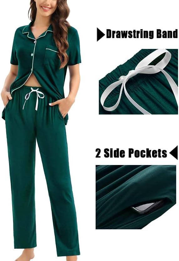 imageSWOMOG Womens 3pcs Button Down Pajamas Set Short Sleeve Sleepwear Bride Pj Lounge Set with Long PantsGreen