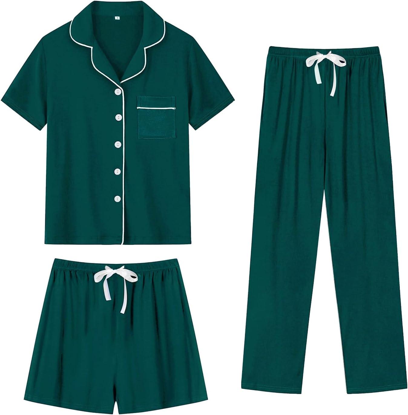 imageSWOMOG Womens 3pcs Button Down Pajamas Set Short Sleeve Sleepwear Bride Pj Lounge Set with Long PantsGreen