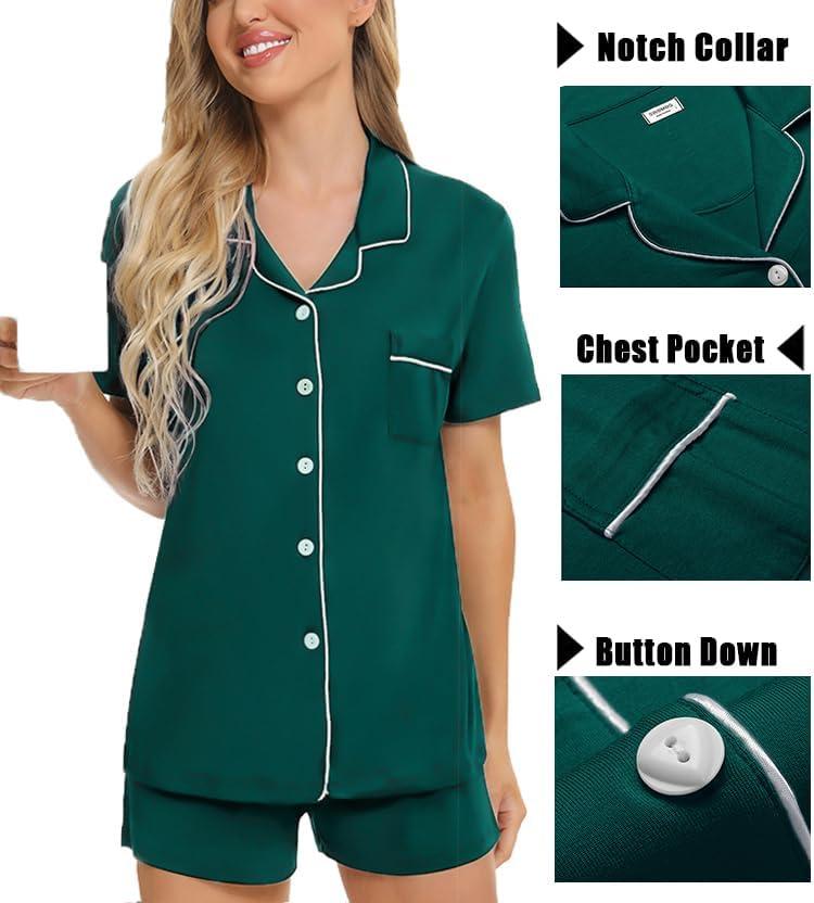 imageSWOMOG Womens 3pcs Button Down Pajamas Set Short Sleeve Sleepwear Bride Pj Lounge Set with Long PantsGreen