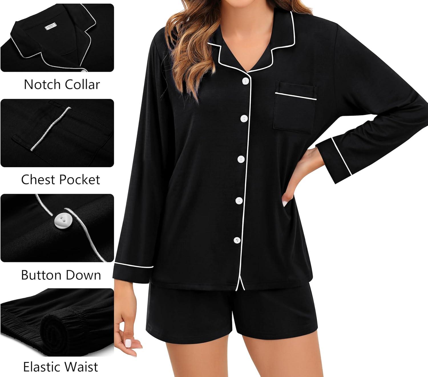 imageSWOMOG Womens 3pcs Button Down Pajamas Set Short Sleeve Sleepwear Bride Pj Lounge Set with Long PantsLong Sleeve Black