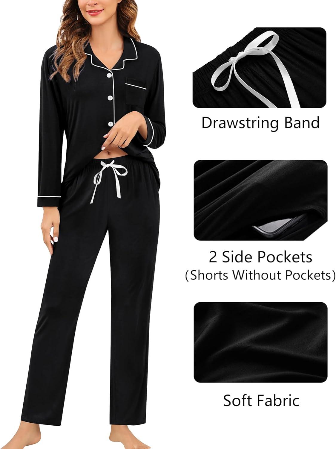 imageSWOMOG Womens 3pcs Button Down Pajamas Set Short Sleeve Sleepwear Bride Pj Lounge Set with Long PantsLong Sleeve Black