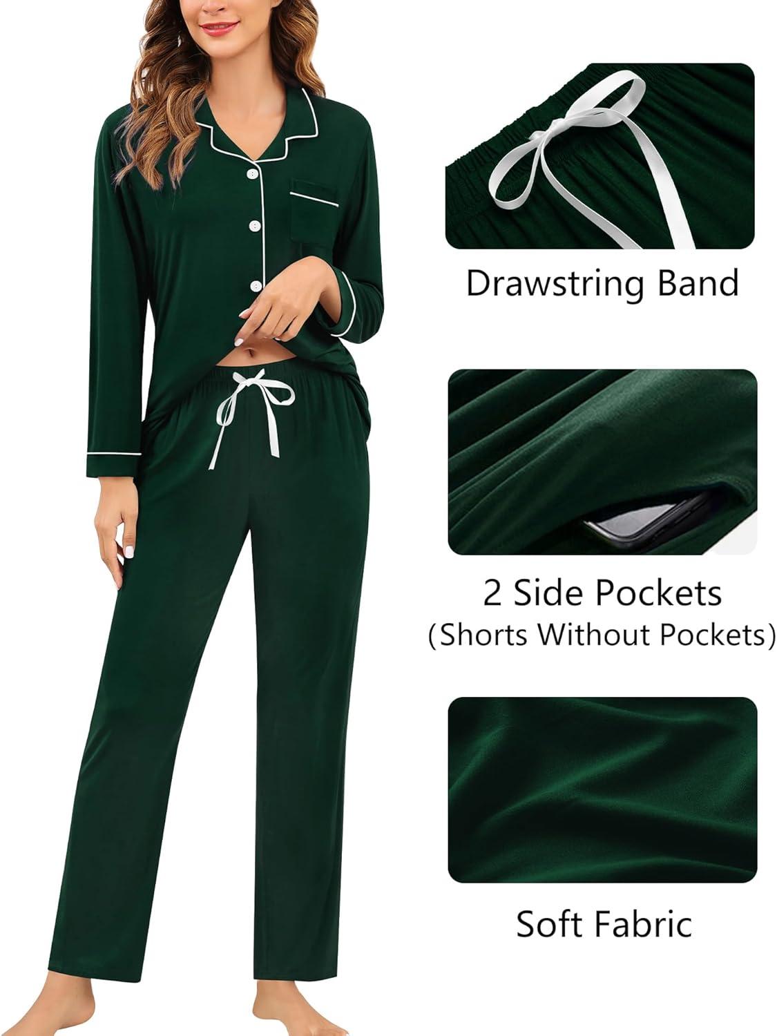 imageSWOMOG Womens 3pcs Button Down Pajamas Set Short Sleeve Sleepwear Bride Pj Lounge Set with Long PantsLong Sleeve Green