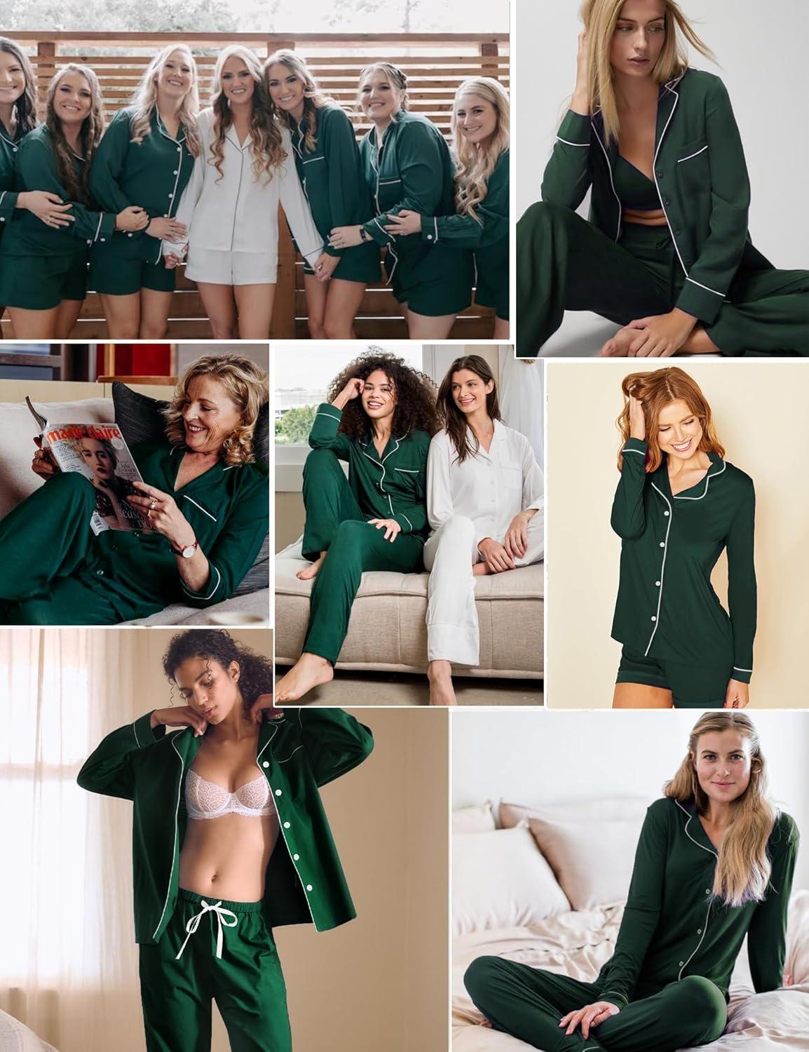 imageSWOMOG Womens 3pcs Button Down Pajamas Set Short Sleeve Sleepwear Bride Pj Lounge Set with Long PantsLong Sleeve Green