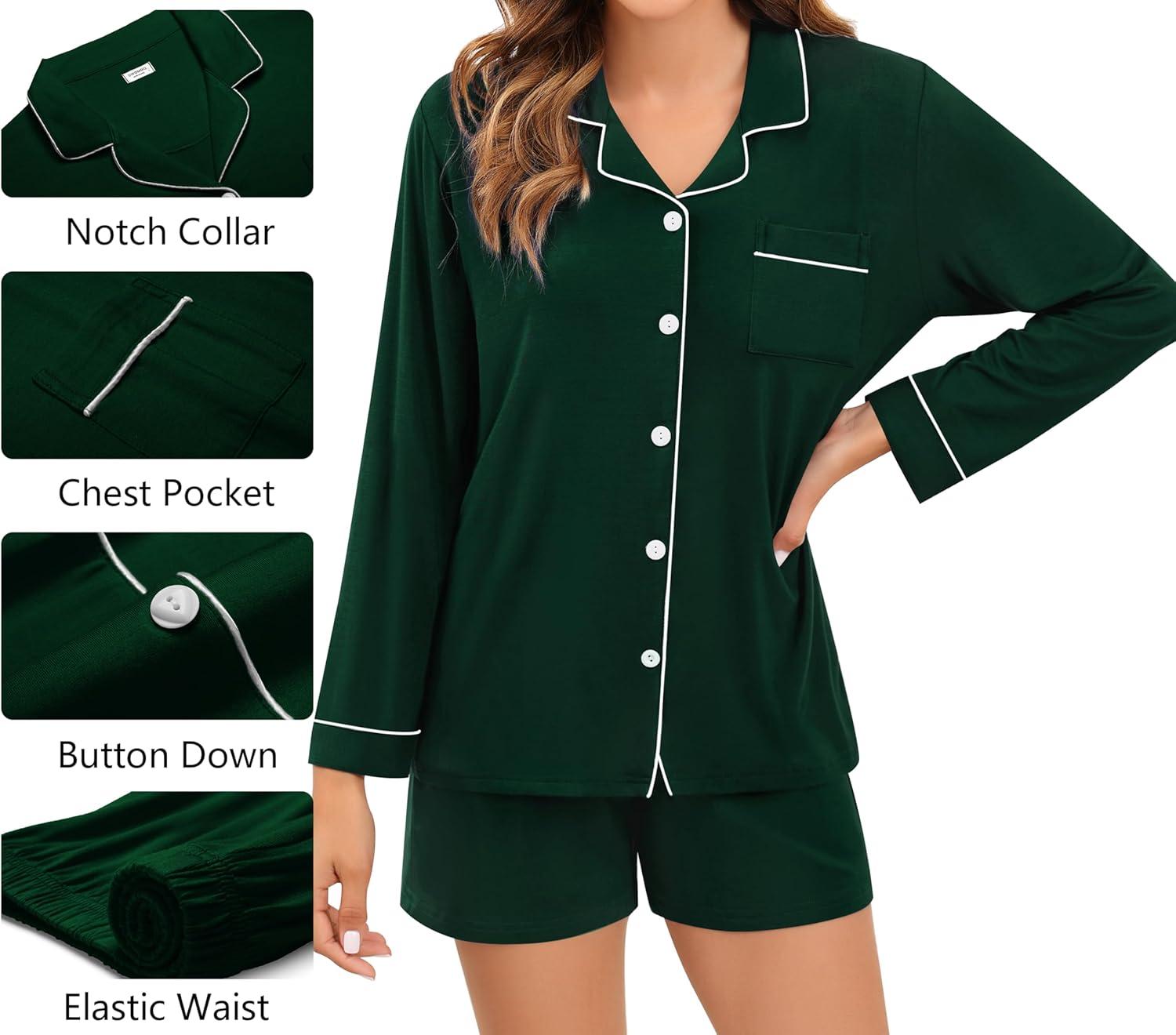 imageSWOMOG Womens 3pcs Button Down Pajamas Set Short Sleeve Sleepwear Bride Pj Lounge Set with Long PantsLong Sleeve Green