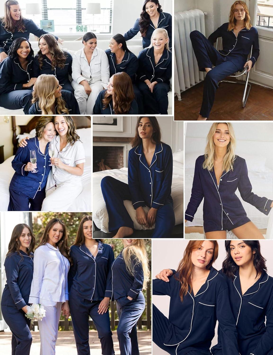 imageSWOMOG Womens 3pcs Button Down Pajamas Set Short Sleeve Sleepwear Bride Pj Lounge Set with Long PantsLong Sleeve Navy Blue