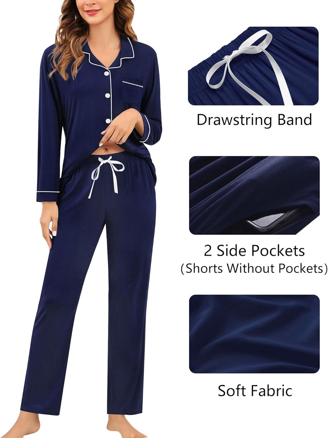 imageSWOMOG Womens 3pcs Button Down Pajamas Set Short Sleeve Sleepwear Bride Pj Lounge Set with Long PantsLong Sleeve Navy Blue