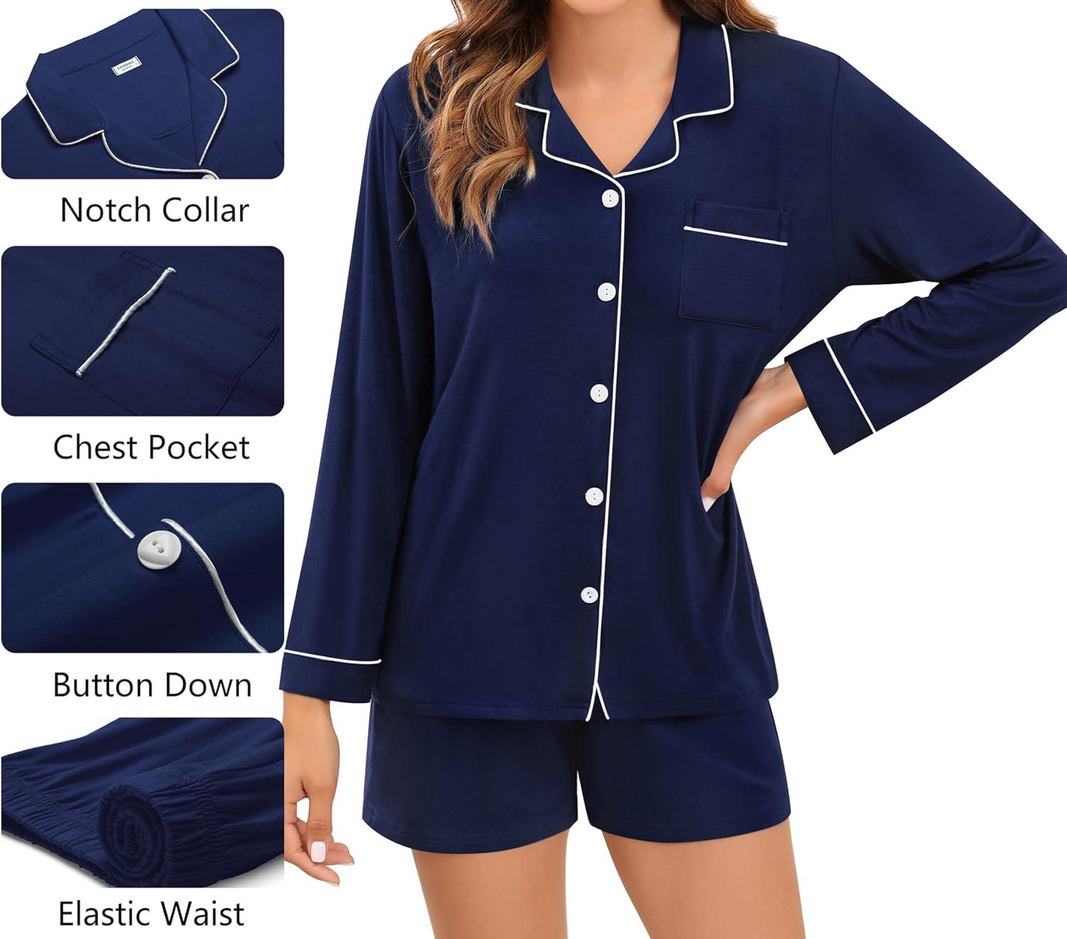 imageSWOMOG Womens 3pcs Button Down Pajamas Set Short Sleeve Sleepwear Bride Pj Lounge Set with Long PantsLong Sleeve Navy Blue
