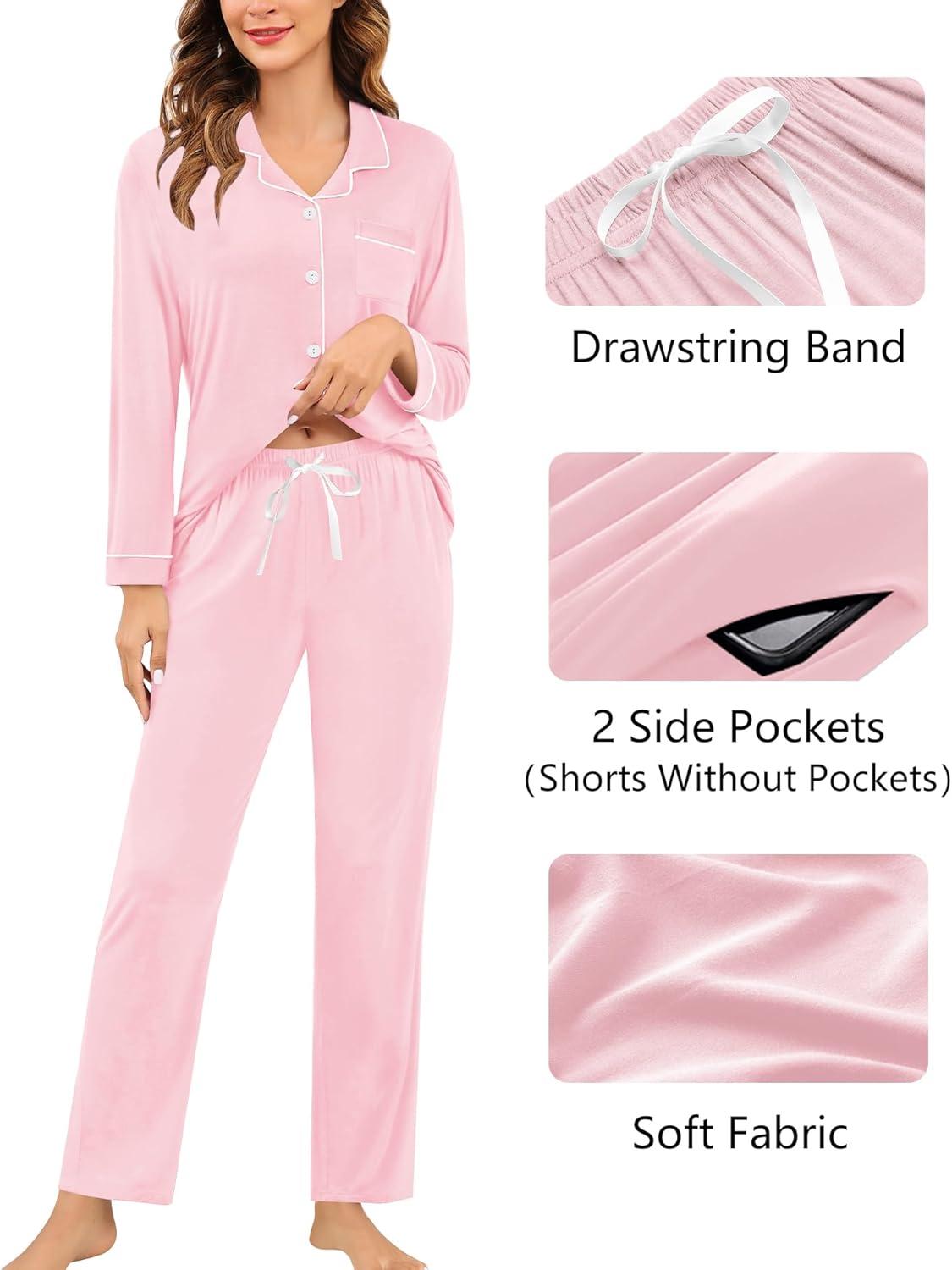 imageSWOMOG Womens 3pcs Button Down Pajamas Set Short Sleeve Sleepwear Bride Pj Lounge Set with Long PantsLong Sleeve Pink