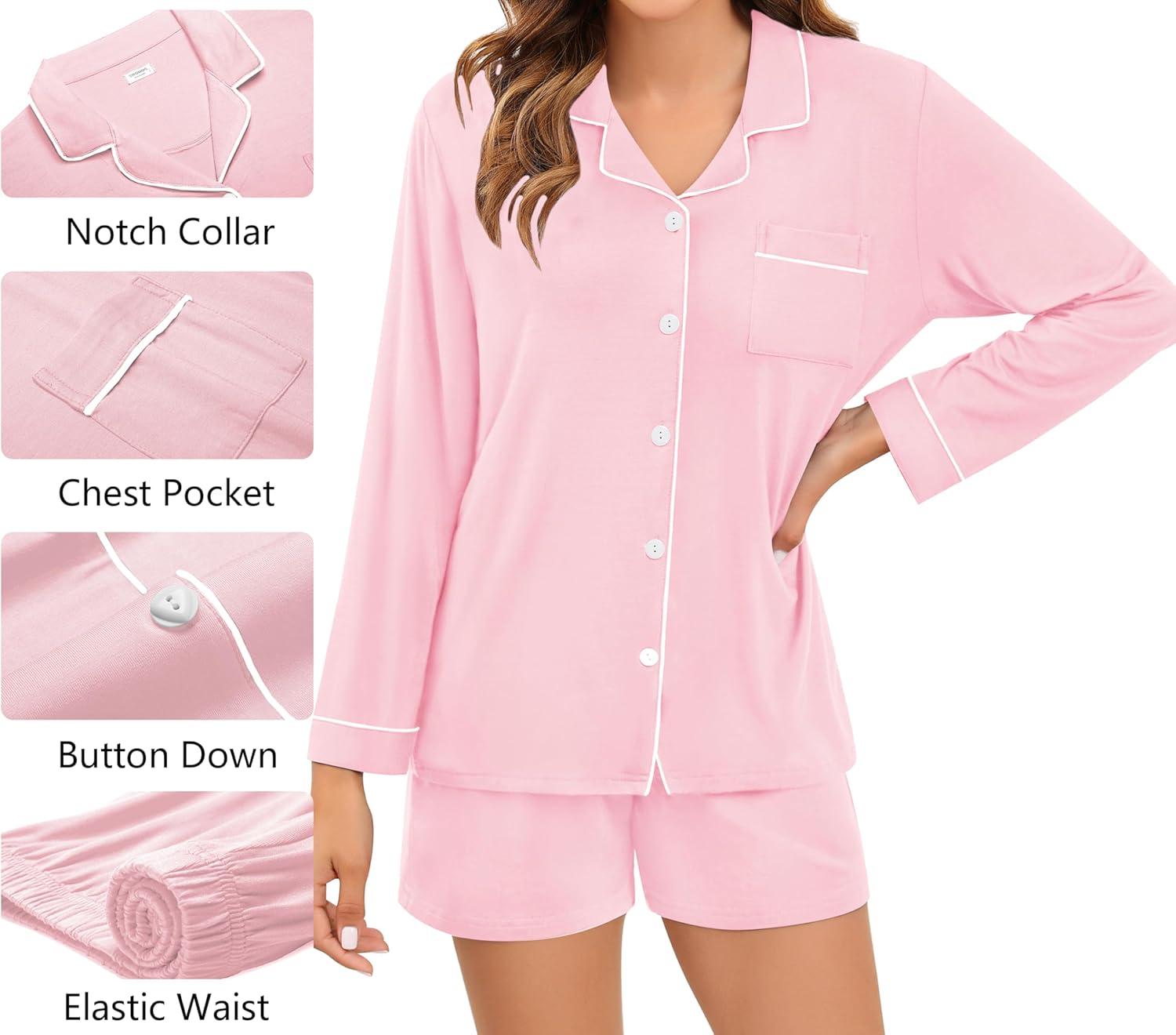 imageSWOMOG Womens 3pcs Button Down Pajamas Set Short Sleeve Sleepwear Bride Pj Lounge Set with Long PantsLong Sleeve Pink