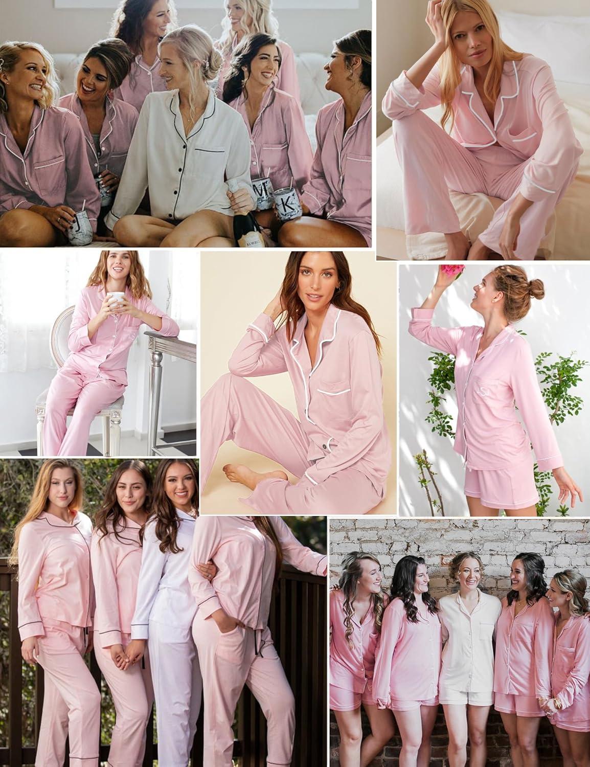 imageSWOMOG Womens 3pcs Button Down Pajamas Set Short Sleeve Sleepwear Bride Pj Lounge Set with Long PantsLong Sleeve Pink