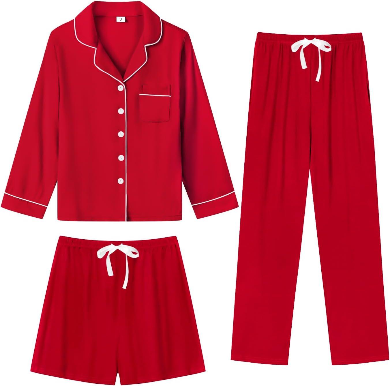 imageSWOMOG Womens 3pcs Button Down Pajamas Set Short Sleeve Sleepwear Bride Pj Lounge Set with Long PantsLong Sleeve Red