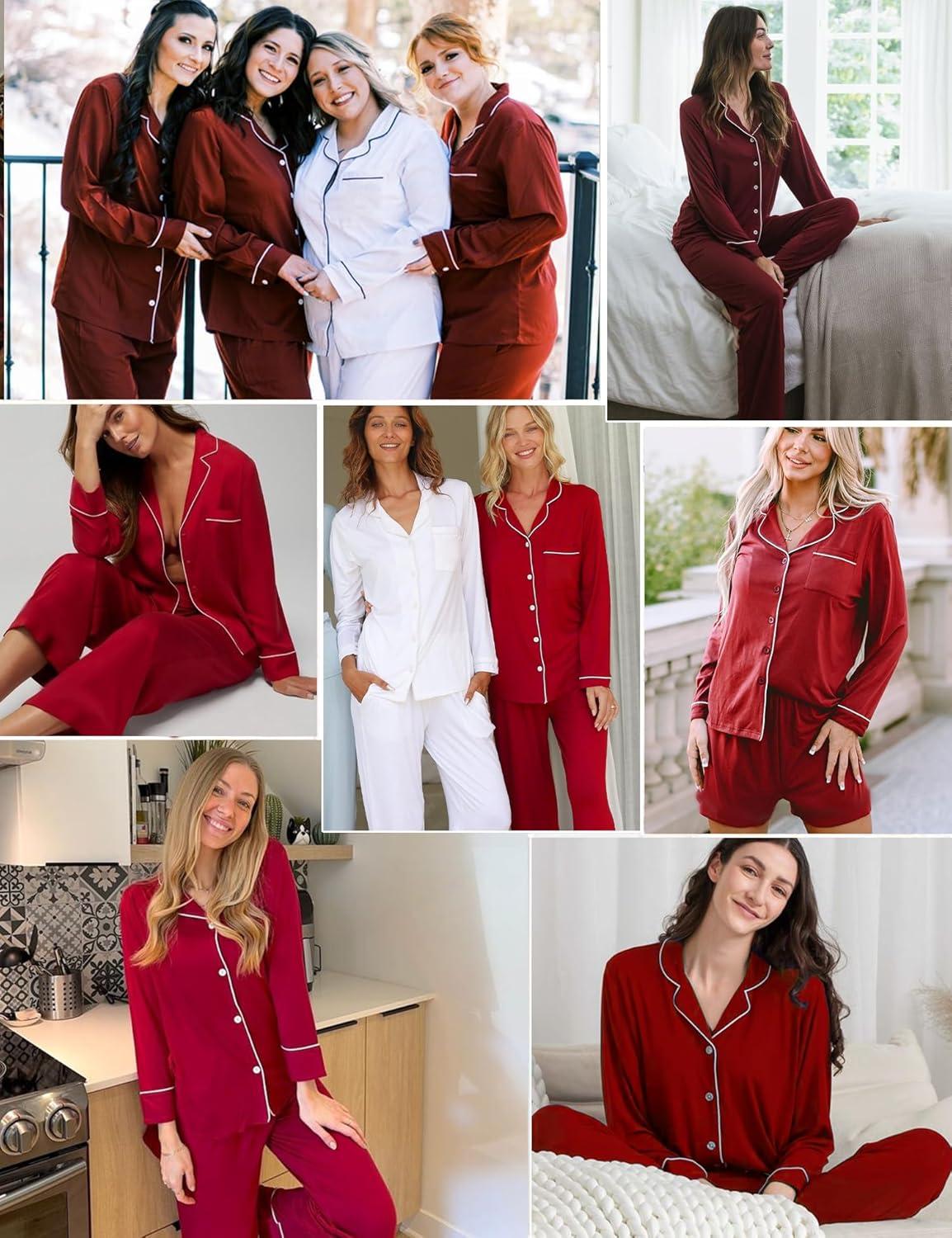 imageSWOMOG Womens 3pcs Button Down Pajamas Set Short Sleeve Sleepwear Bride Pj Lounge Set with Long PantsLong Sleeve Red