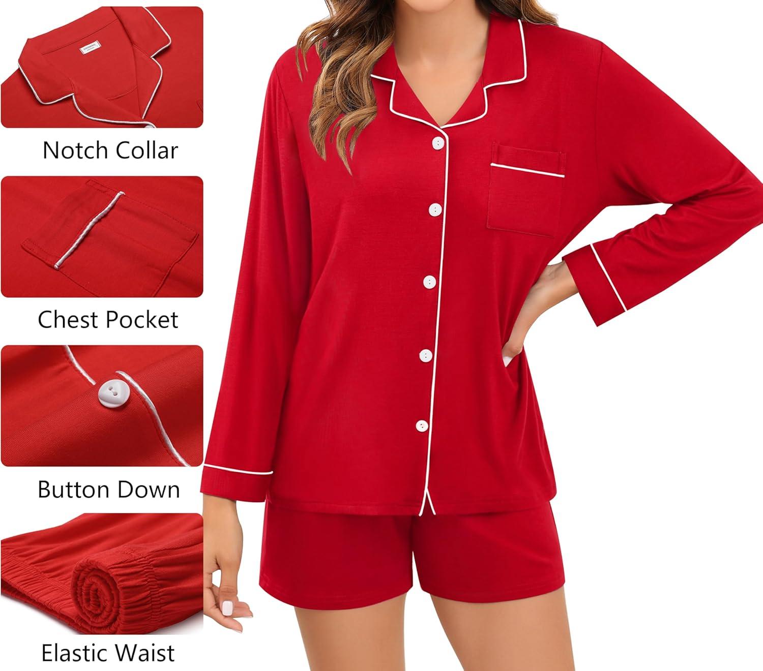 imageSWOMOG Womens 3pcs Button Down Pajamas Set Short Sleeve Sleepwear Bride Pj Lounge Set with Long PantsLong Sleeve Red